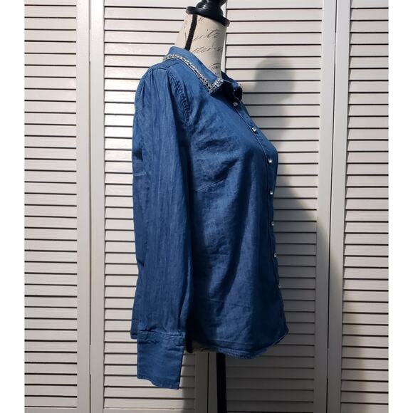 Talbots Button-up Denim Shirt Women's PL Blue Rhinestone Embellished Long Sleeve - Picture 3 of 8